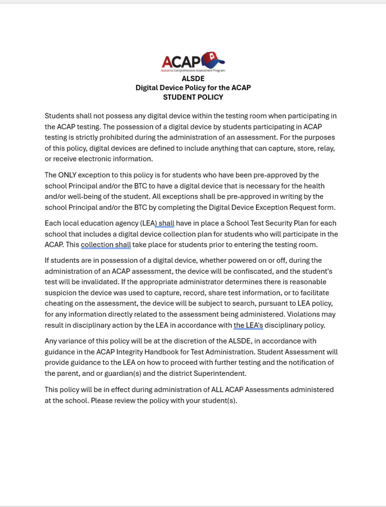 Document shows policy prohibiting digital devices during testing in a K-12 school, allowing exceptions for approved devices.