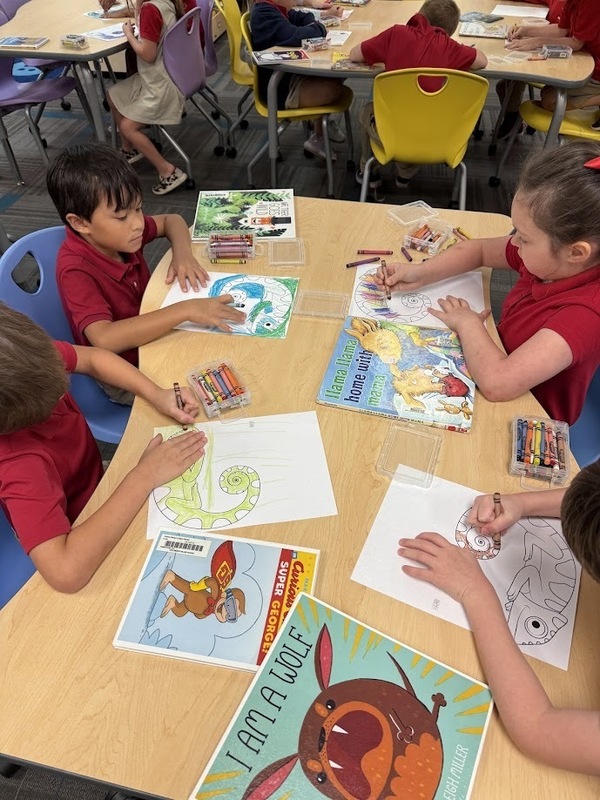 students at a table coloring prediction in the library