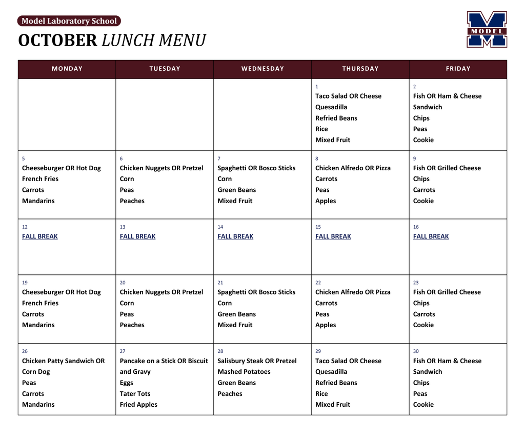 October lunch menu