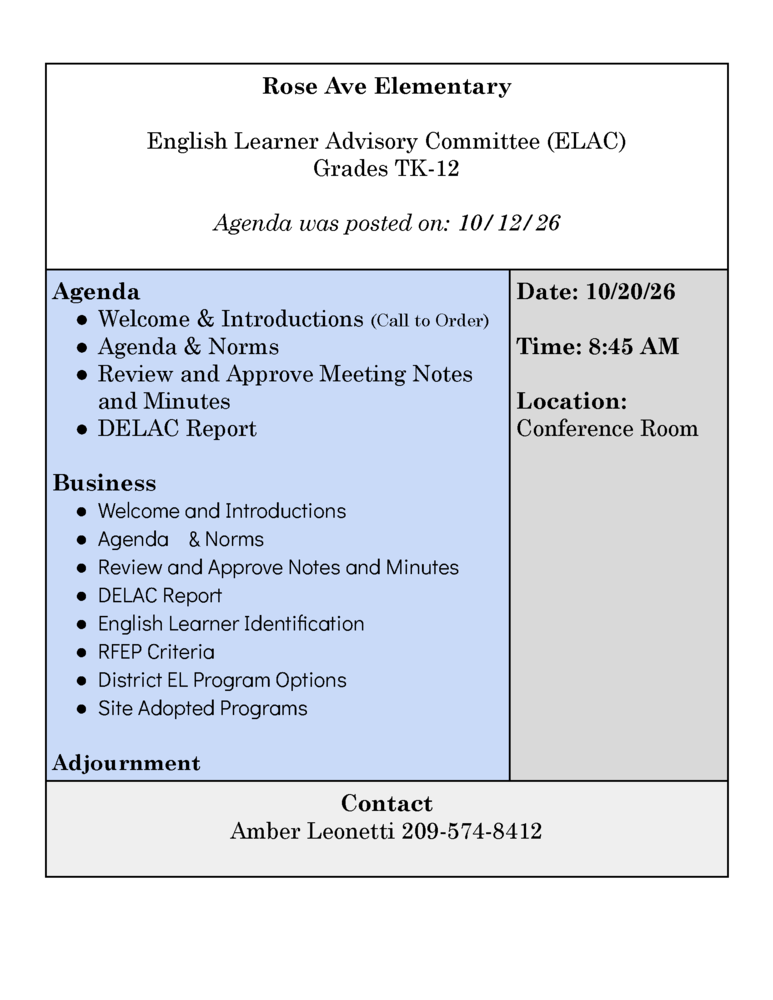 ELAC Agenda for 10/20/26