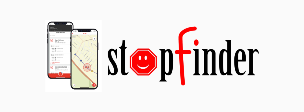 Stopfinder logo with photo of cell phones using app