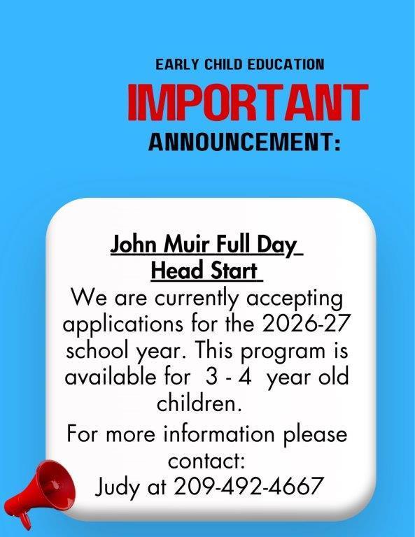 John Muir Preschool is currently enrolling for 2026-27 school year