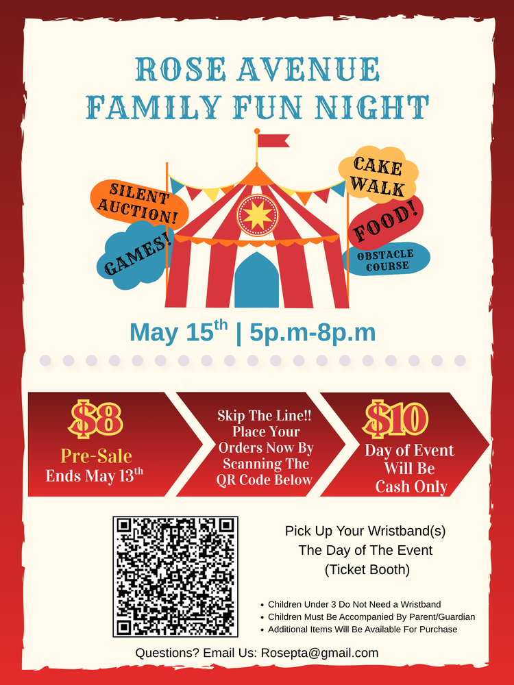 Rose Ave Family Fun Night Pre- sale orders