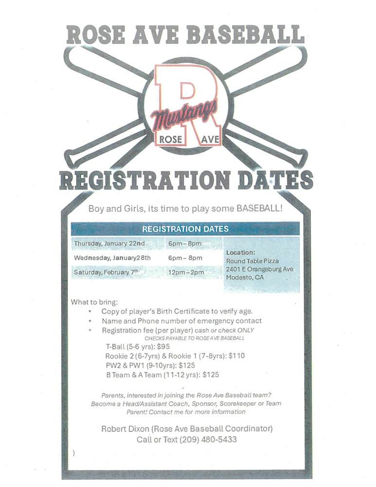 Rose Ave Baseball Registration Dates