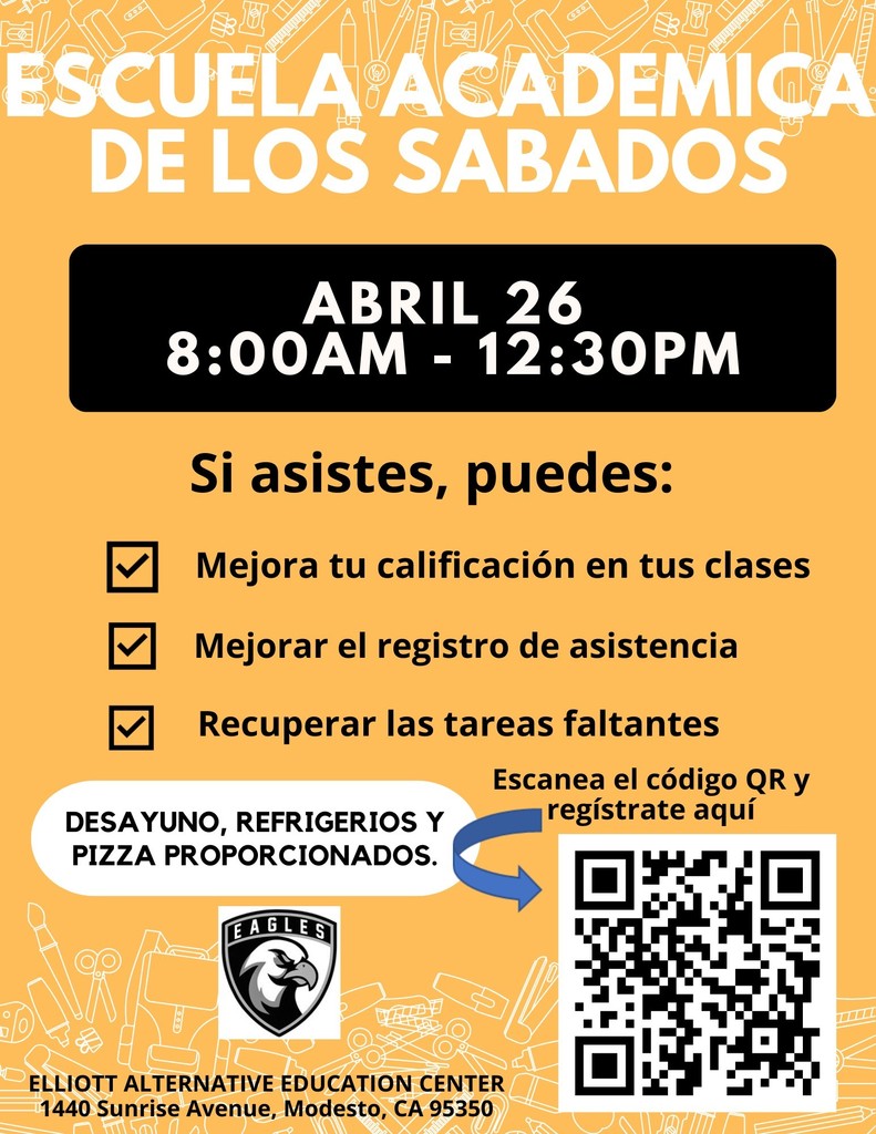 Academic Saturday School April 26th. Sign up using the QR code on the flyer. Breakfast, snacks and pizza provided.