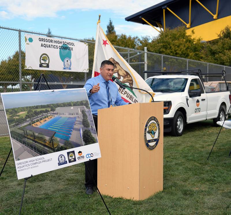 Gregori Principal Phillip Jaramillo shares his joy from the podium at Gregori High.