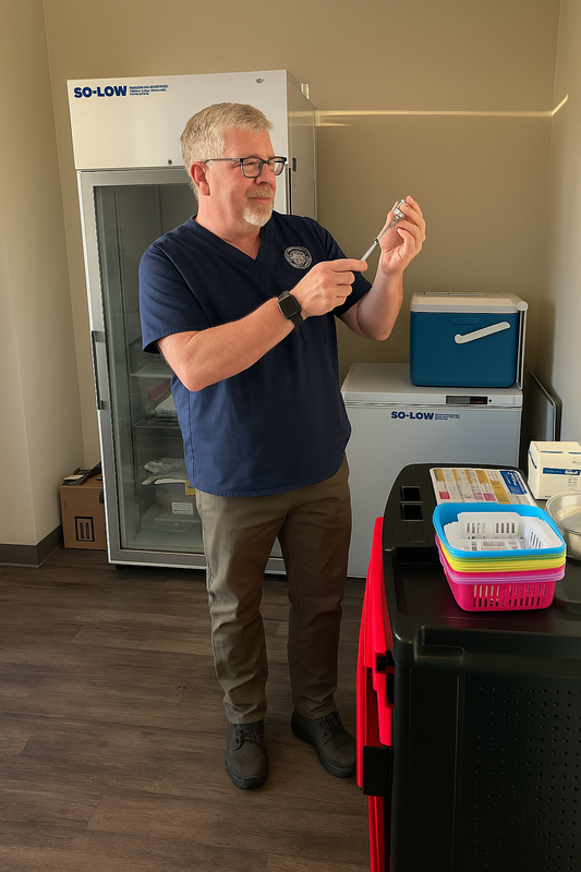 Health Services Director Tom Nipper preparing vaccine at new clinic.