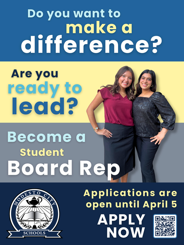 Multicolor poster for student board rep application, reads "Do you want to make a difference? Are you ready to lead? Become a Student Board Rep. Applications are open until April 5. Apply Now."