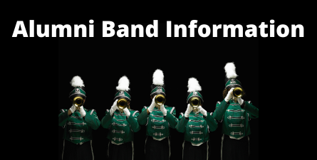 White text: Alumni Band Information, Black background, Photo of band members playing instruments