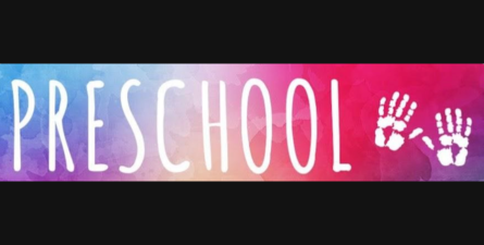 Black background. Pastel rainbow graphic with white text that says PRESCHOOL and two white handprints