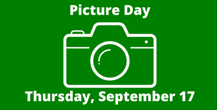 Green background. White text: Picture Day Thursday, September 17. Graphic of camera.