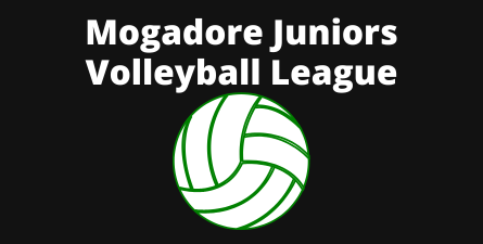 White text: Mogadore Juniors Volleyball League. Graphic of volleyball. Black background.