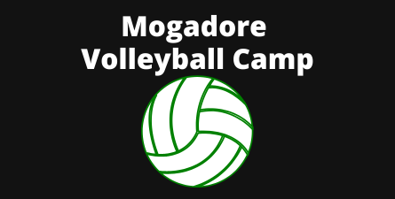 White text: Mogadore Volleyball Camp. Black background with white volleyball.