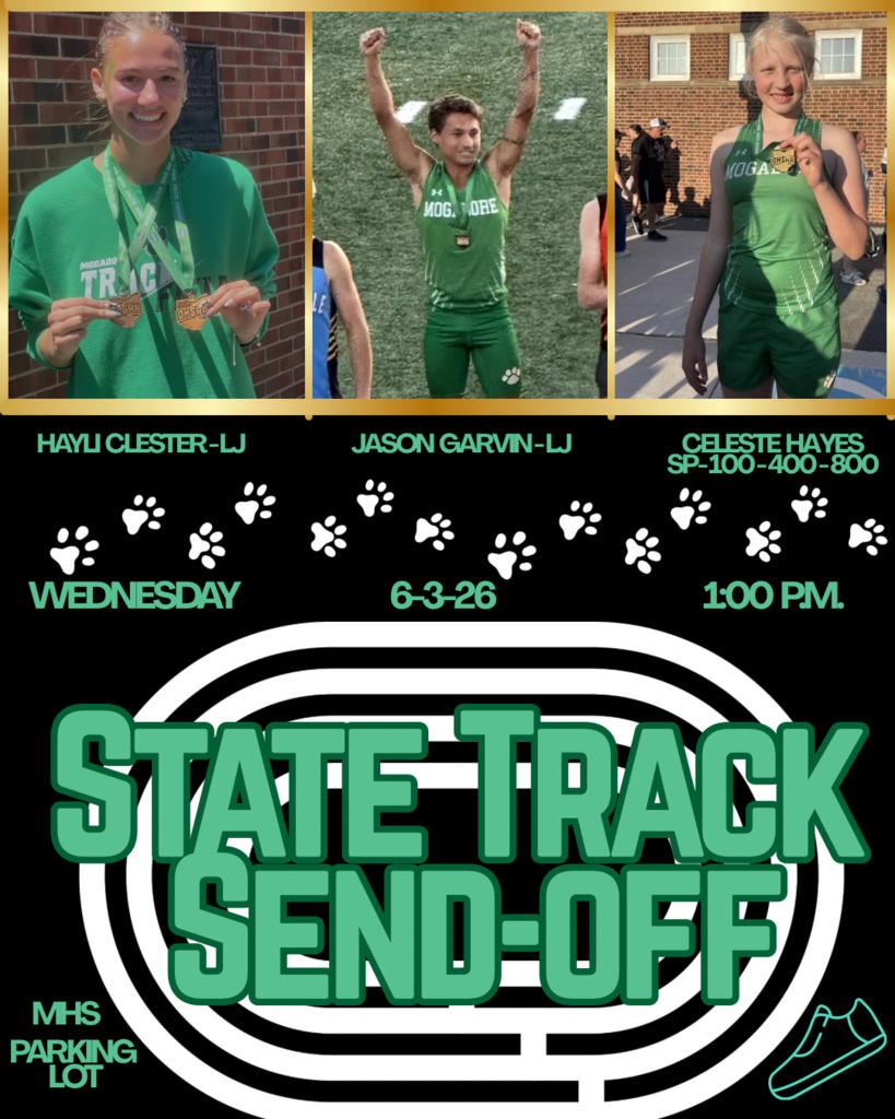 State Track Send Off, Wednesday 6/3/26 1:00pm. MHS Parking Lot