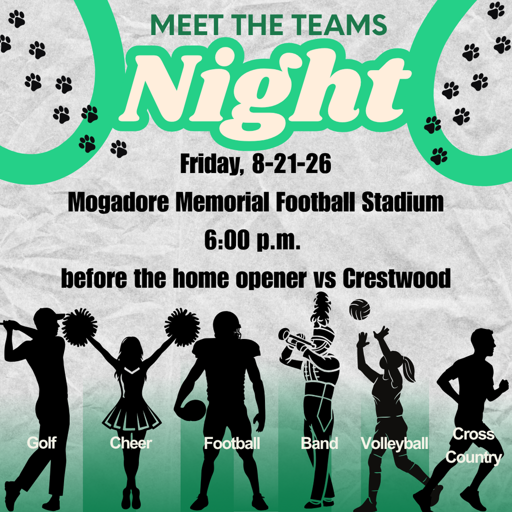 Meet the teams Nigh. Friday, 8/21/26. Mogadore Memorial Football Stadium 6:00 p.m. before the home opener vs Crestwood