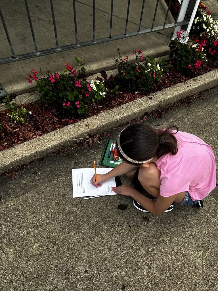 students creating scientific drawings outside