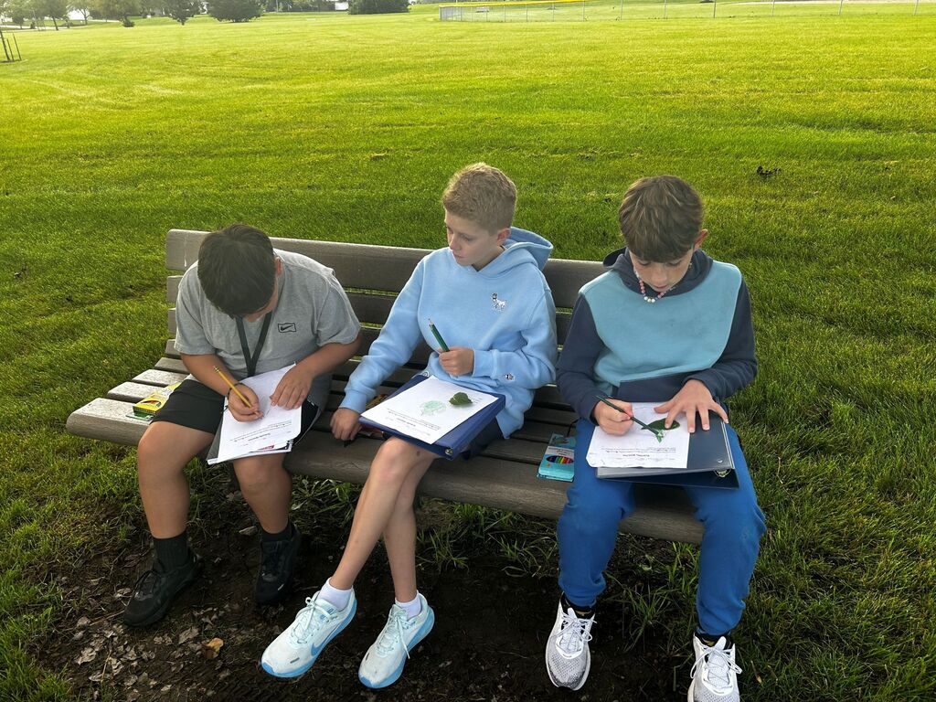 students creating scientific drawings outside