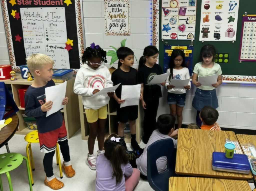 second grade students reading to kindergarten students