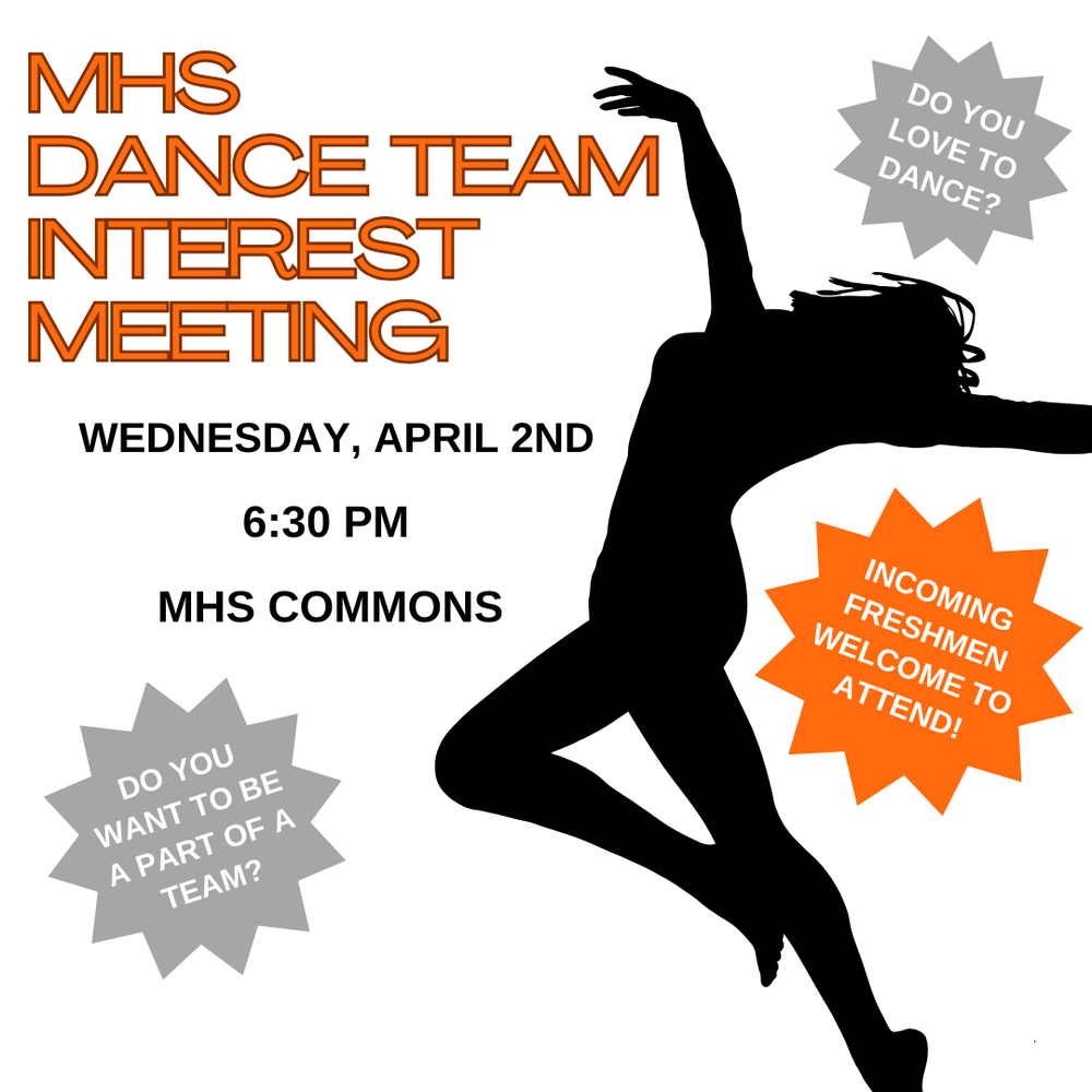Meeting notice 4/2 @ 6:30 pm Molalla High Commons with graphic of a dancer