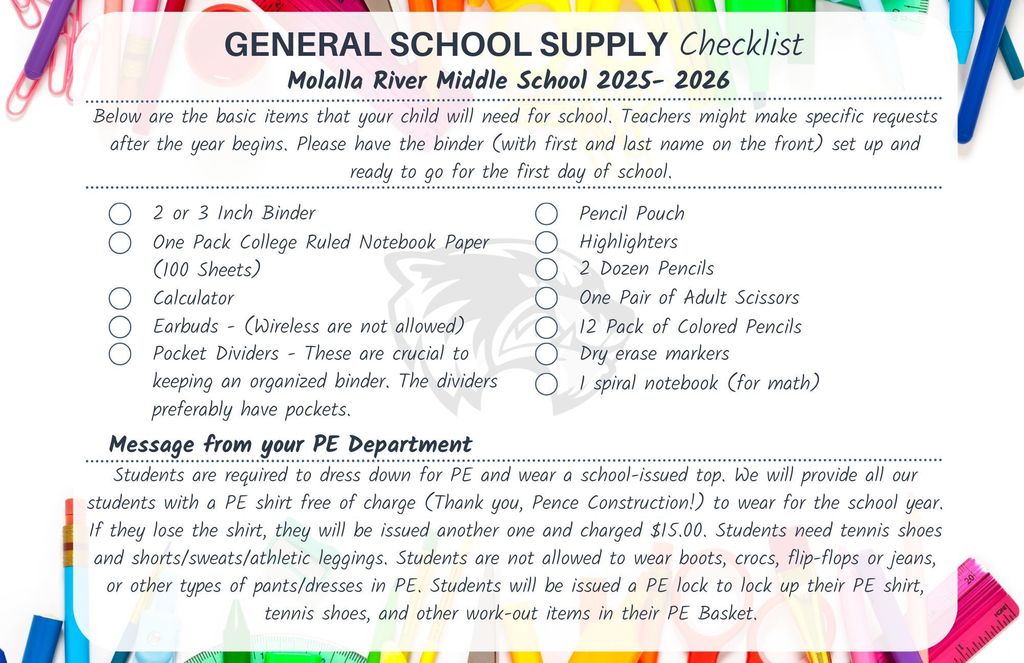 Image of 25-26 School Supply Checklist