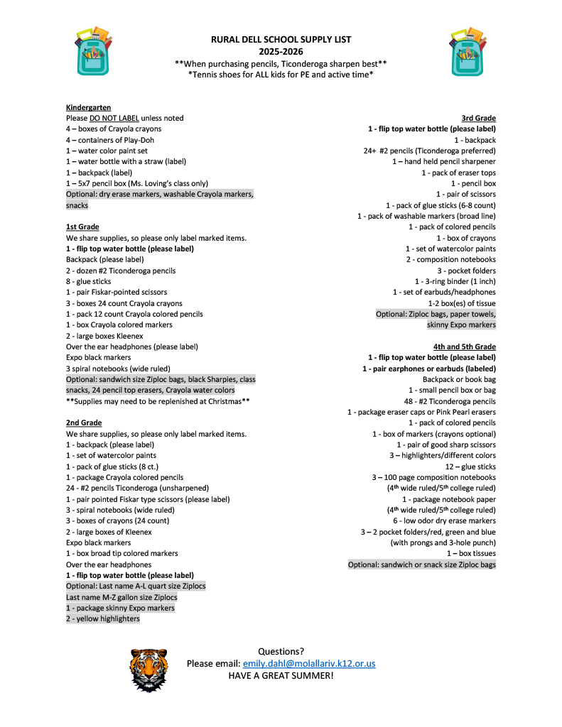 Image of 25-26 Rural Dell School Supply List