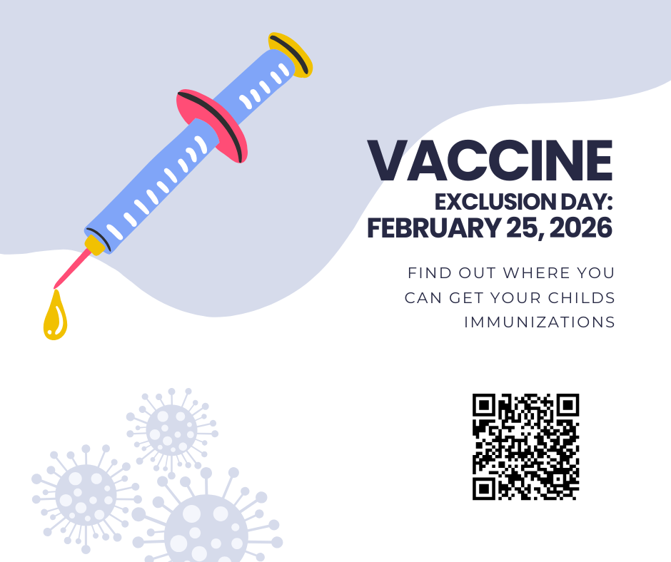 Graphic qr code to vaccine clinics. Text: Exclusion Day: February 25, 2026