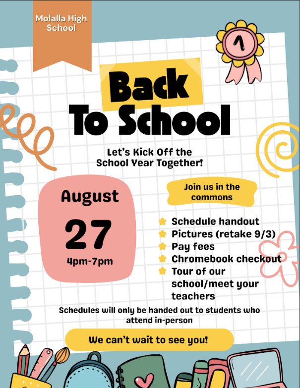Please join us at our Back to School night. August 27th from 4PM-7PM Get your schedule, school picture taken, pay fees, chromebook checkout,tour our school and meet your teachers. We look forward to seeing you.