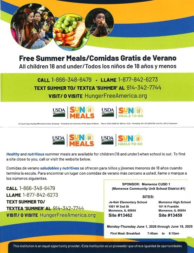 Free Summer Meals at Jeneir and Momence High School Monday through Thursday June 1 to June 18 Breakfast from 7:45 to 8:15 a.m