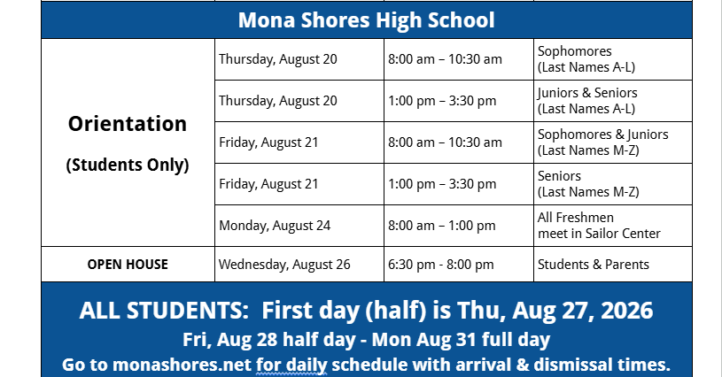 2026 Orientation, Open House and First Day