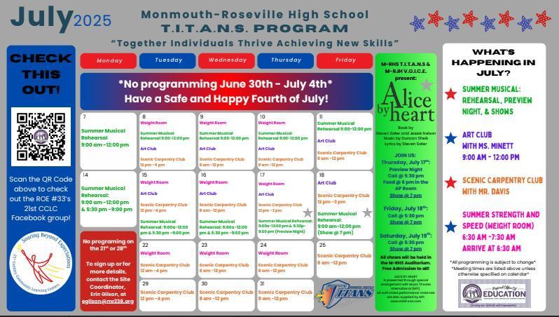 M-RHS T.I.T.A.N.S. Program Calendar for July 2025