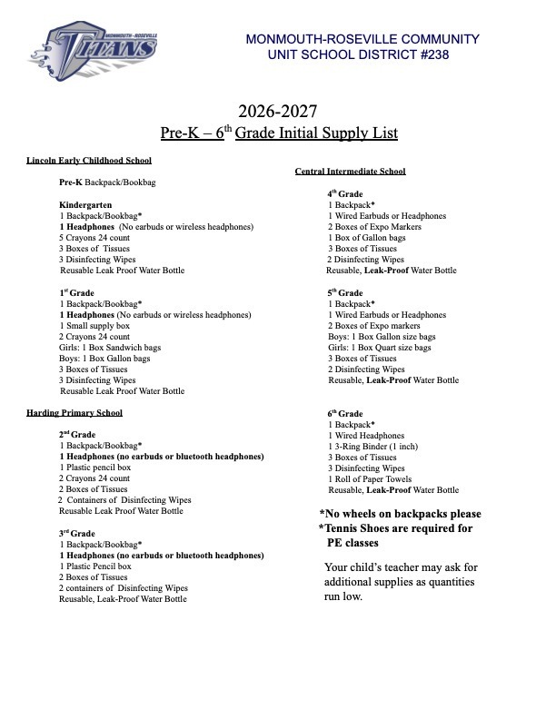 PreK-6th Supply List
