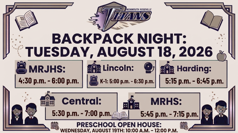 Backpack Night - Tuesday, August 18, 2026 - Contact schools for times.