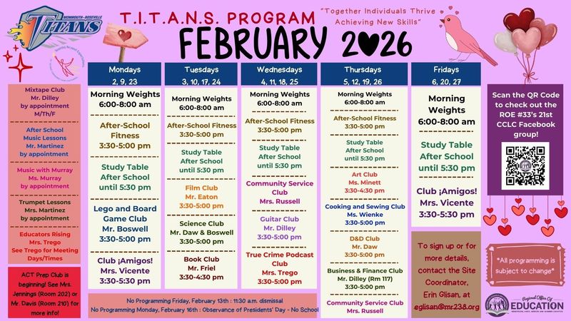 TITANS Program February calendar
