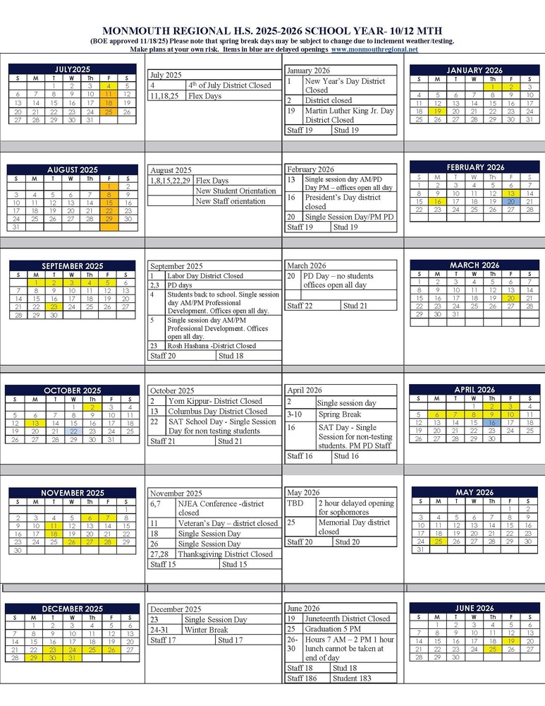 April Revised 2025/2026 calendar