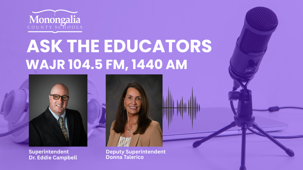 Purple background with text that says Ask the Educators with photos of Superintendent Eddie Campbell wearing a dark suit and Deputy Superintendent Donna Talerico wearing beige 