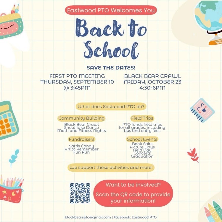 Eastwood PTO flyer with school supplies in the background and text describing what the organization does.