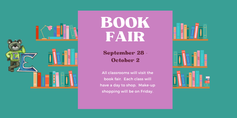 picture of a bookshelf with the dates for our book fair 9/28-10/2