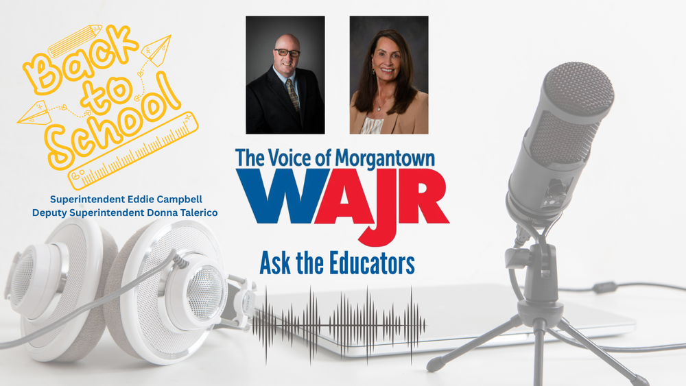 WAJR Ask the Educators Back to School edition with Superintendent Eddie Campbell and Deputy Superintendent Donna Talerico with photos of both and a microphone and headset