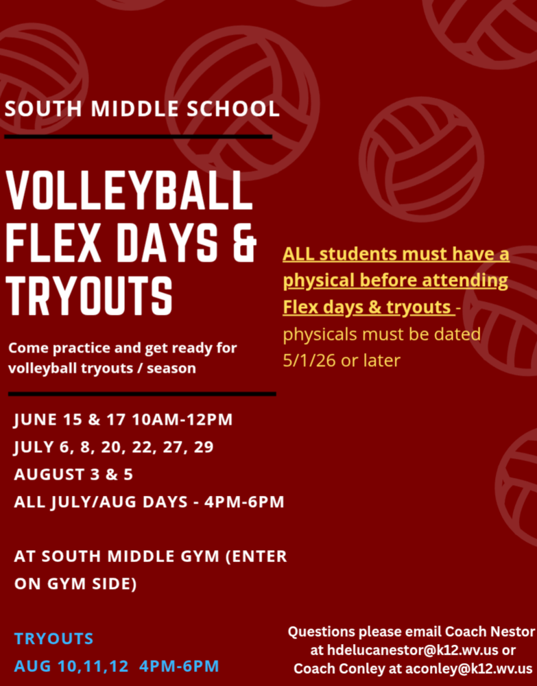 Announcement on maroon background with volleyballs on it