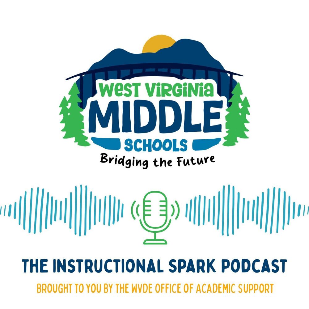 Logo for the Instructional Spark Podcast. The text "west virignia middle schools, bridging the future" is overlaid on a mountain with a sunset behind it and a suspension bridge in front of it. There are evergreen trees on both sides of the text