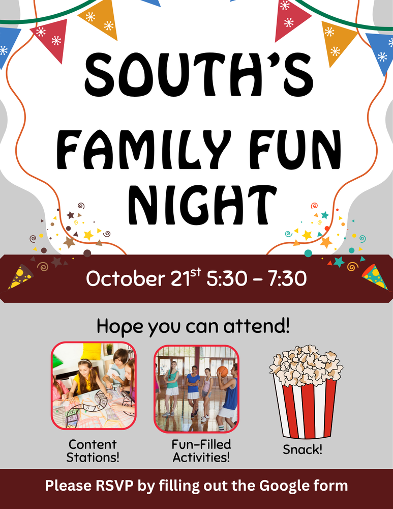 Flyer for Family Fun Night Contains clip art of kids playing games, kids standing in a line and popcorn.