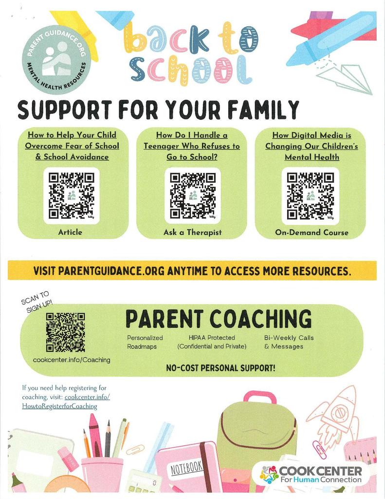 Flyer for "Back to School" resources accessible through QR codes; information at the codes is for school fear/avoidance, helping teenagers who refuse to go to school, digital media impact on mental health, and parent coaching; info from ParentGuidance.org