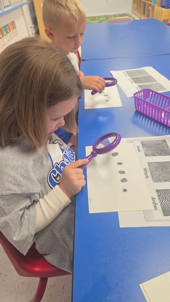 our class did an investigation of their fingerprints, and learned about the different types (Whorl, Arch, and Loop.)