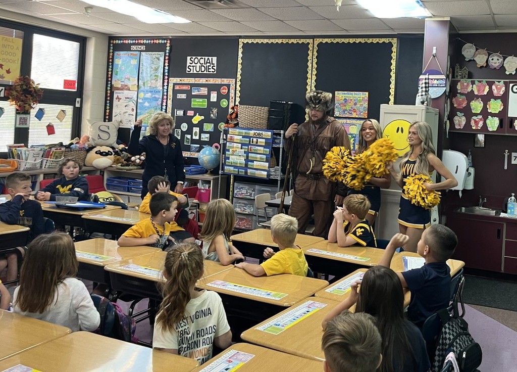 Our Kindergarten and 1st grade students got a special visit from th e WVU mountaineer and cheerleaders!