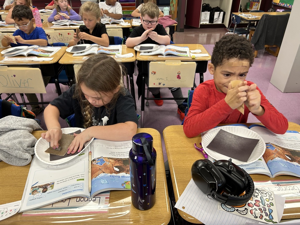 How does the land change? The students modeled "weathering" by rubbing rocks with sandpaper to show how land changes over time.