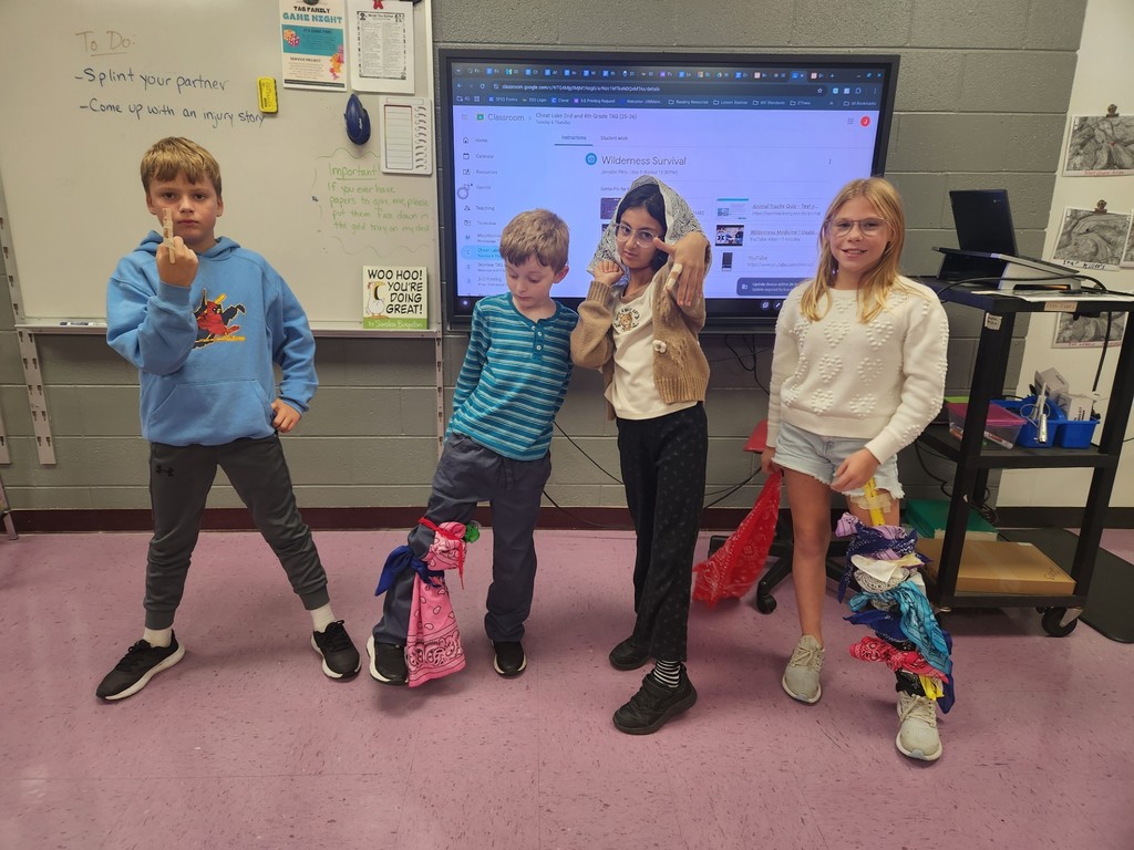 Mrs. Pitt's 4th graders are exploring a wilderness survival unit. On their trail hike, they made observations, scouted campsite locations, and practiced creating splints using soft, rigid, and found materials.