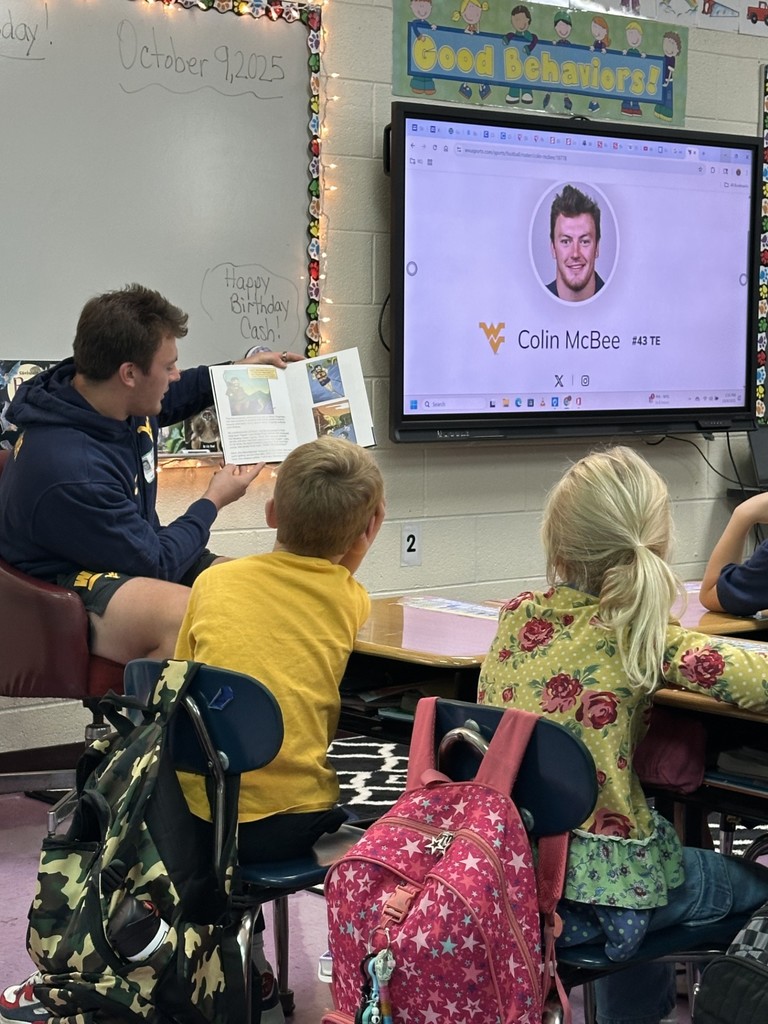 Mrs. Skotnicki's former student and WVU football player Colin McBee visited her class and did a read aloud for the students! Thank you Colin!