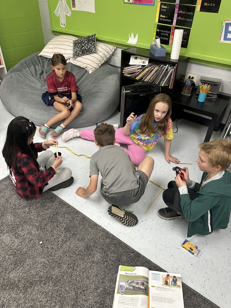 Mrs. Rogers’ 3rd grade class investigates the effects of force and motion through a hands-on experiment using a toy car, tape measure, masking tape, and stopwatch.