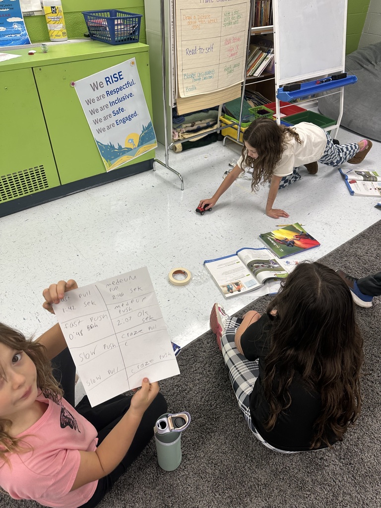 Mrs. Rogers’ 3rd grade class investigates the effects of force and motion through a hands-on experiment using a toy car, tape measure, masking tape, and stopwatch.