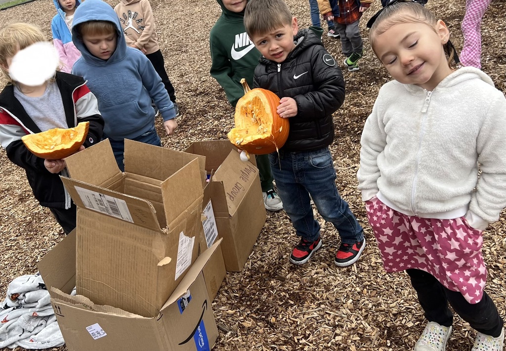 Mrs. Brittany and Ms. Belinda's Pre-K class had a blast during today’s Pumpkin Drop event! 🎃